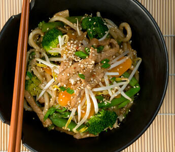 stir fried pork with lemon chilli and mange tout