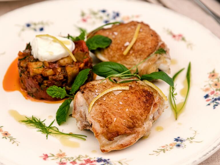 cooked lemon scented chicken with spiced aubergine