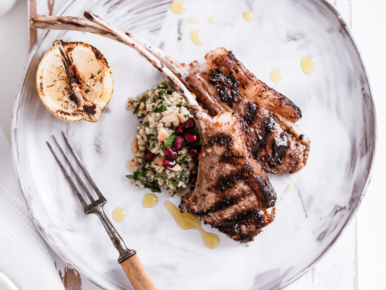 mutton tomahawk with tabbouleh cooked