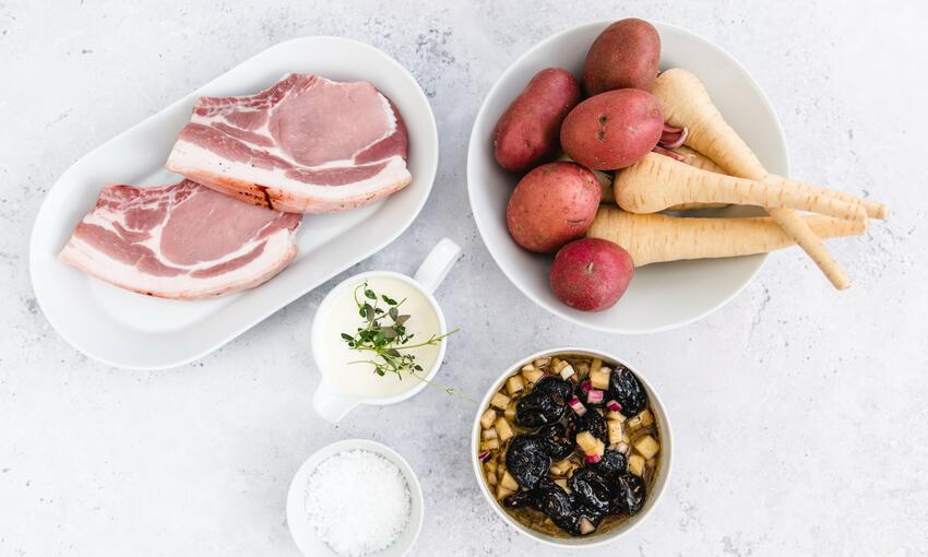 pork chop, parsnip gratin & prune ketchup recipe ingredients
