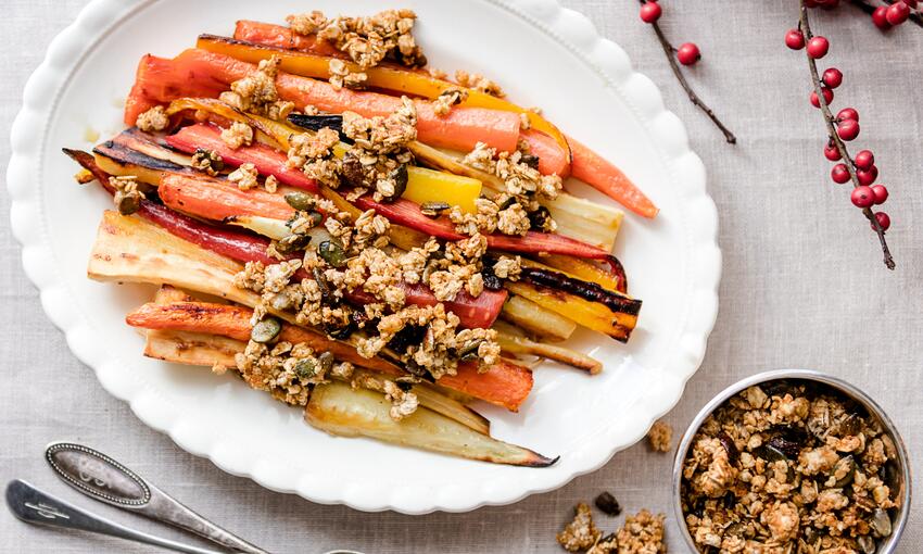 cooked roast carrots and parsnips with curried granola