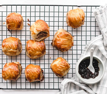 cheddar and onion marmalade sausage rolls cooked
