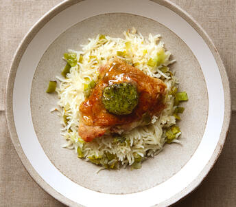roast chicken, fragrant rice and tender leeks cooked