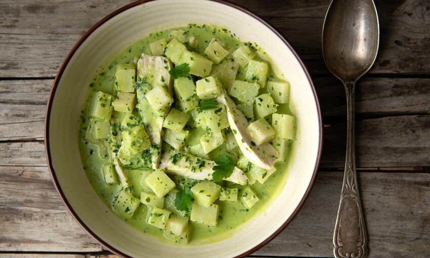 poached chicken with wild garlic and celeriac cooked