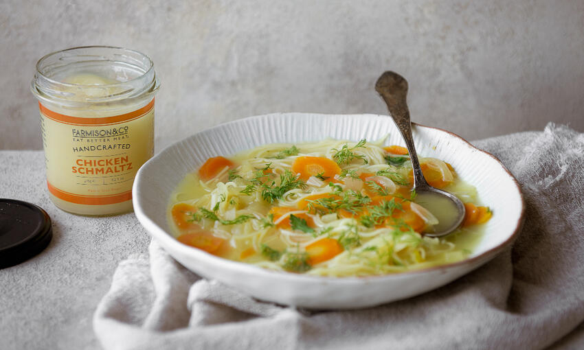 chicken noodle soup with schmaltz cooked