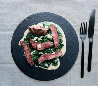 rib eye steak with tahini, lemon & spinach cooked