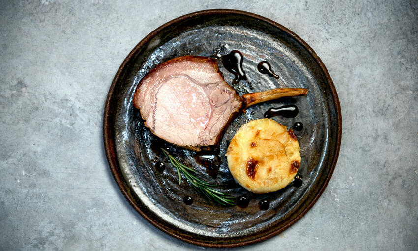 rack of pork with potato and celeriac gratin cooked
