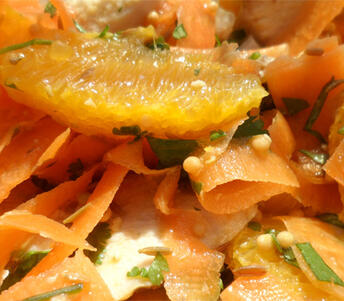chicken salad with ribbon carrot and coriander