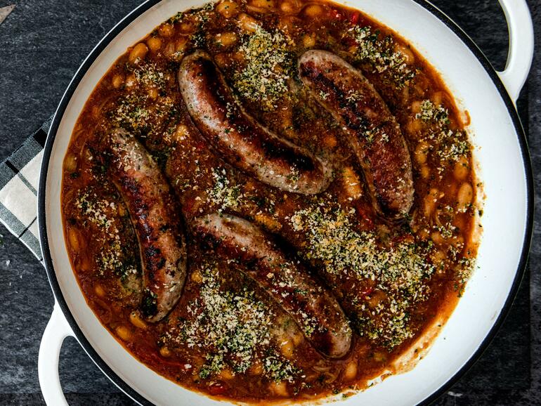cooked Toulouse sausage, white beans & red pepper