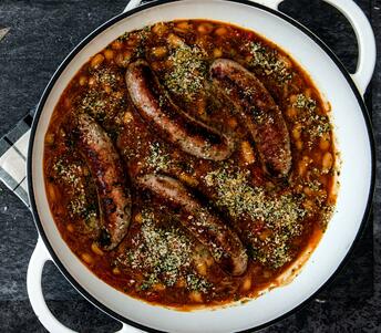 cooked Toulouse sausage, white beans & red pepper
