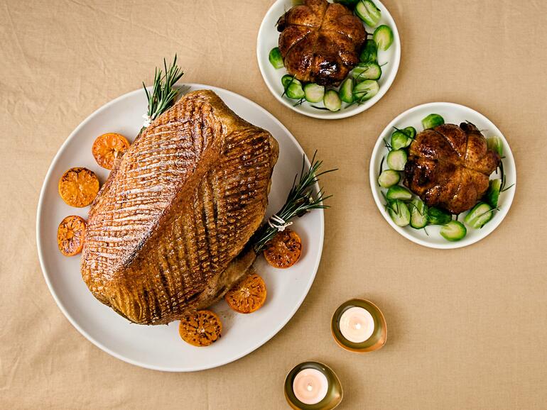 goose crown with stuffed ballotine legs cooked